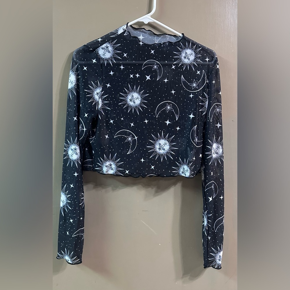 Black Mesh Celestial Long Sleeve crop Top
